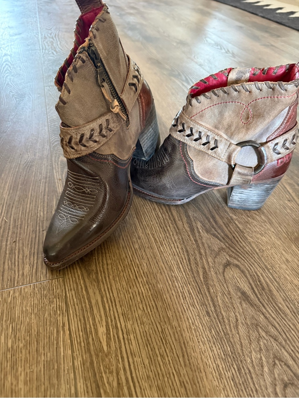 Bed Stu Brown and Tan Leather Western Ankle Boots with Red Lining